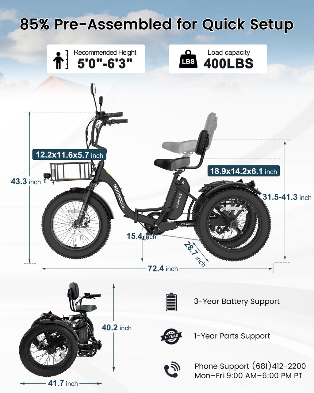 MOONCOOL Electric Tricycle for Adults, 20" x 4" Fat Tire Folding Electric Trike, 48V 500W 3 Wheel Electric Bike, 7 Speed E Trikes for Adults with Removable Battery, Aluminum Frame & Large Basket
