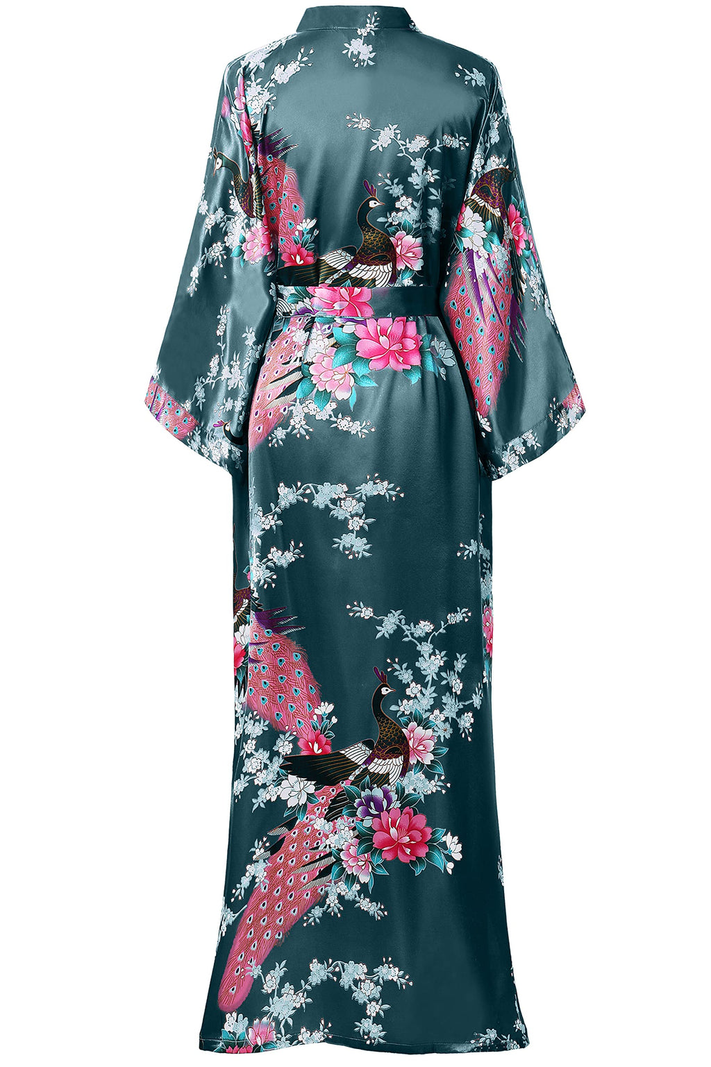 BABEYOND Women's Kimono Robe Long Satin Robes with Peacock and Blossoms Printed Kimono Nightgown