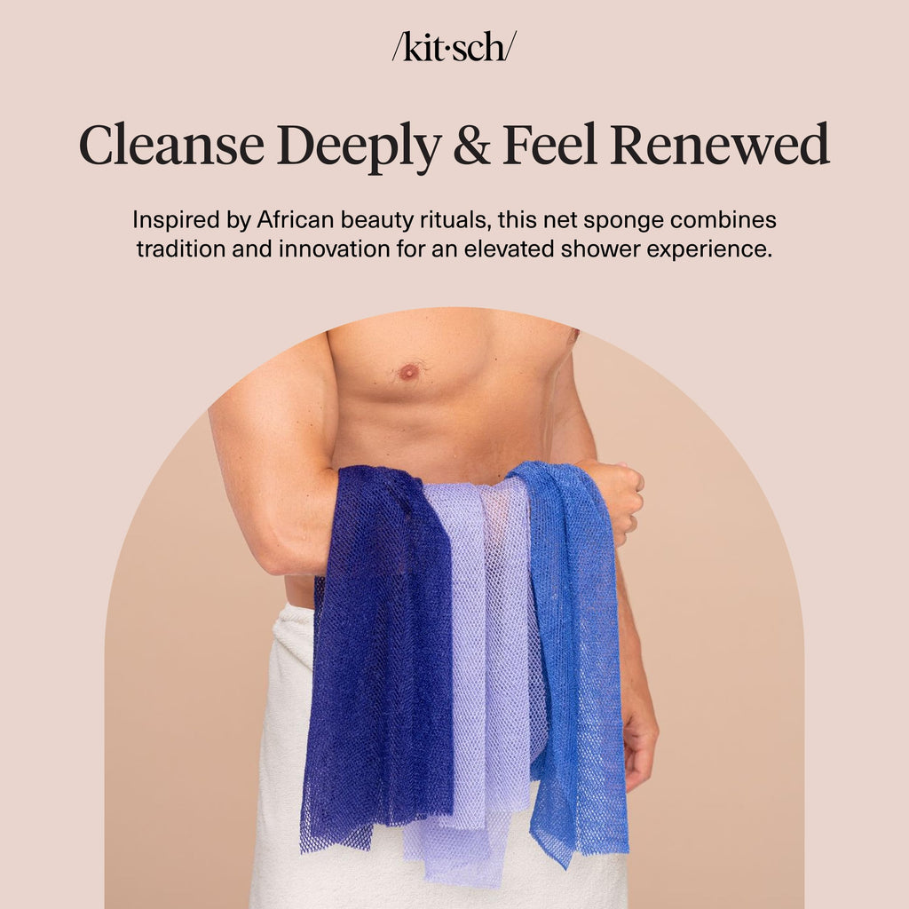 Kitsch African Net Sponge – Exfoliating Body Scrubber for Cleansing & Gentle Daily Exfoliation – Stretchable Bath Sponge for Hard-to-Reach Areas, Long-Lasting Shower Essential - Rosewood, 3 Pcs