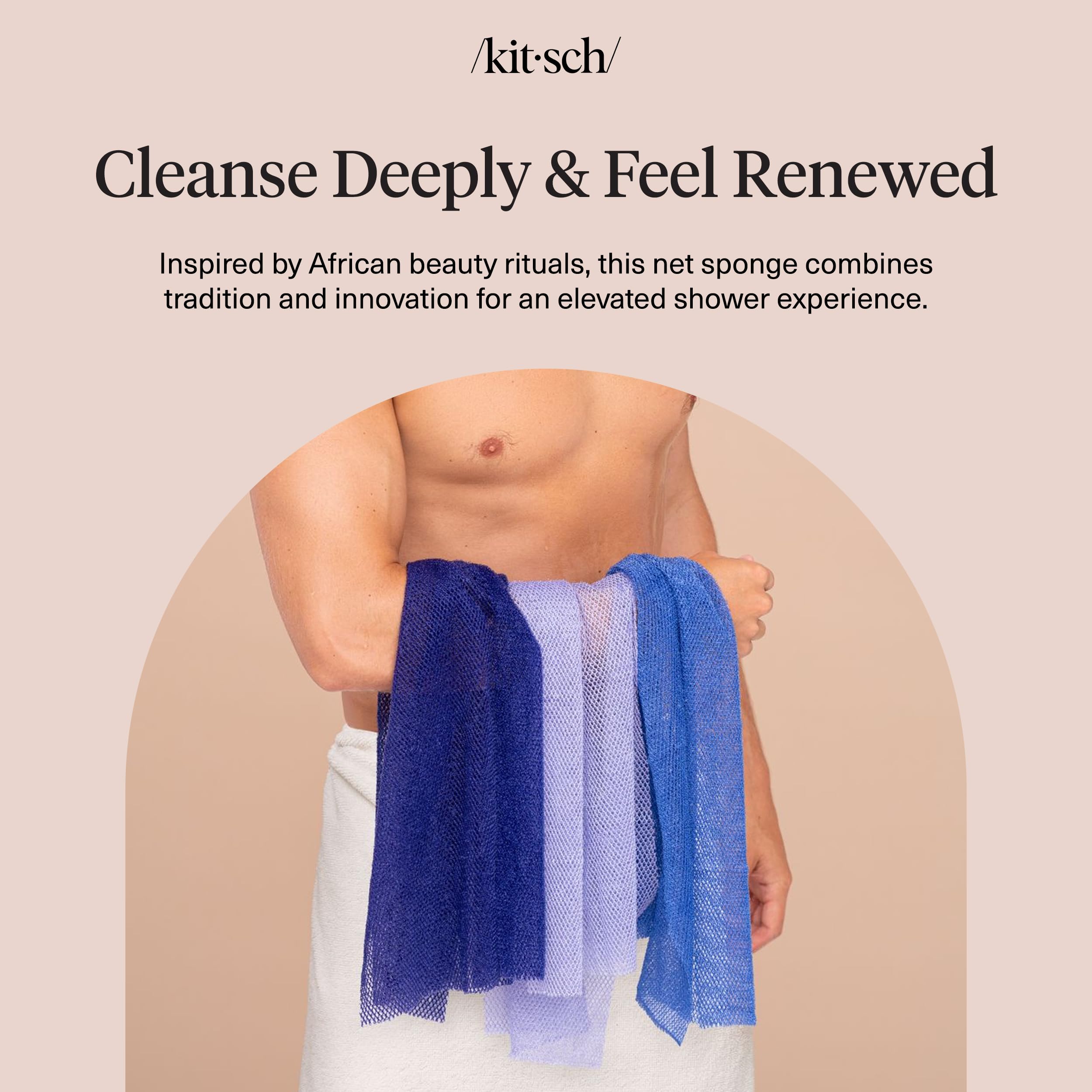 Kitsch African Net Sponge – Exfoliating Body Scrubber for Cleansing & Gentle Daily Exfoliation – Stretchable Bath Sponge for Hard-to-Reach Areas, Long-Lasting Shower Essential - Rosewood, 3 Pcs