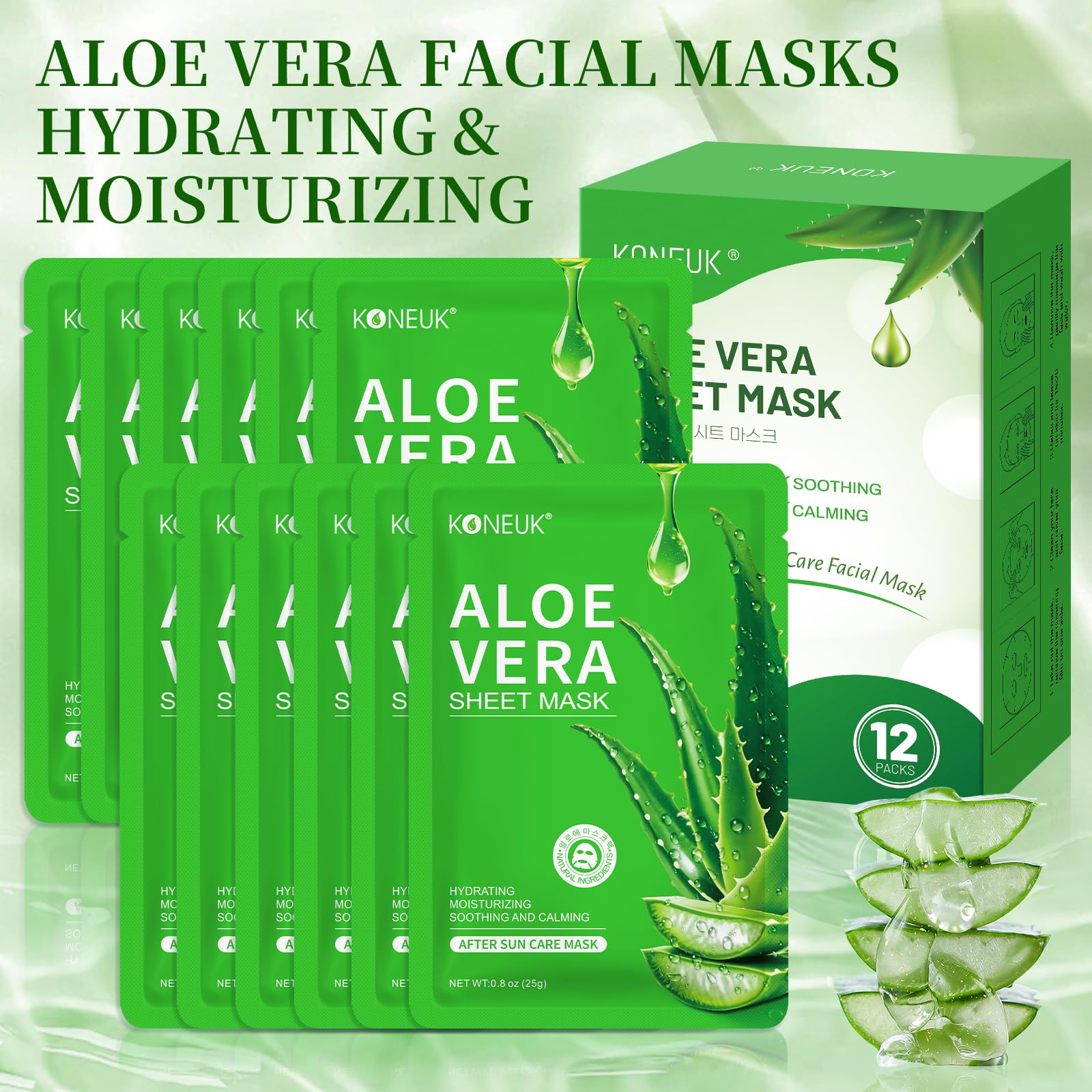 KONEUK 30 Pack Aloe Vera Hydrating Face Masks Skincare, Moisturizing & Soothing Sheet Face Mask for Skin Care, Bulk Aloe Face Masks for After Sun Skin Care, Spa Party Gifts for Women