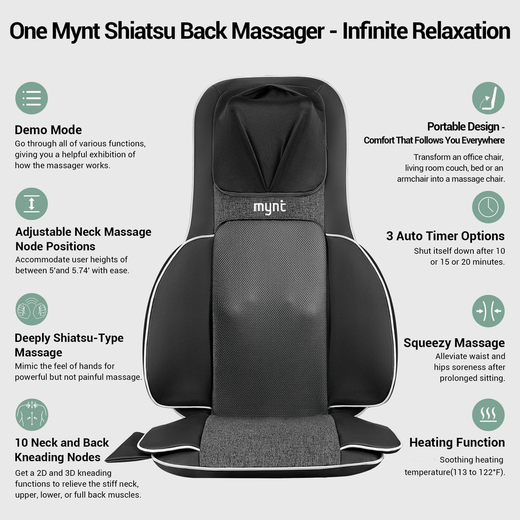Mynt FSA Eligible HSA Approved Shiatsu Neck and Back Massager for Chair with 10 Deep Kneading Nodes, 2D & 3D Adjustable Back Massage with Heat, Portable Massage Chair Pad with Cover