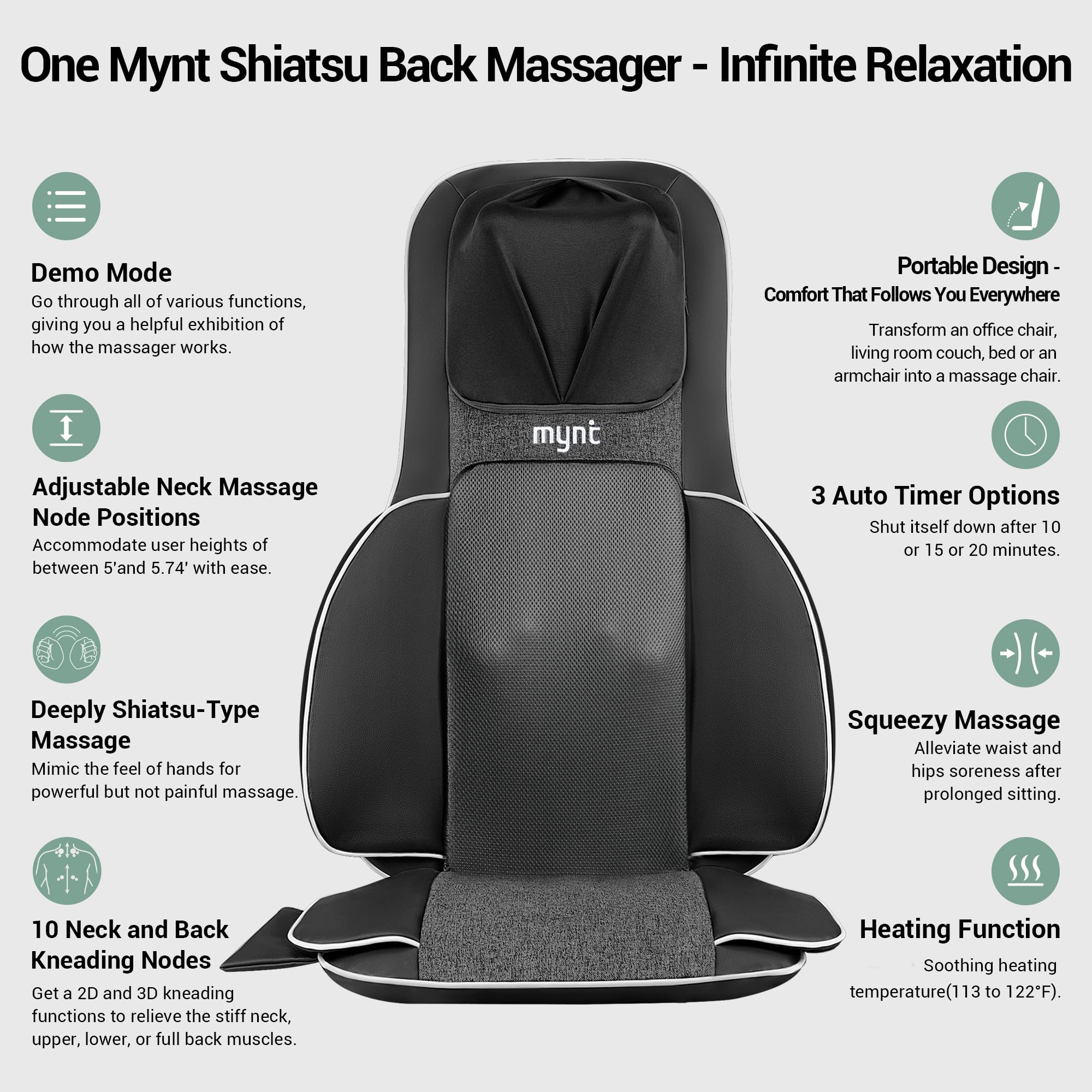Mynt FSA Eligible HSA Approved Shiatsu Neck and Back Massager for Chair with 10 Deep Kneading Nodes, 2D & 3D Adjustable Back Massage with Heat, Portable Massage Chair Pad with Cover