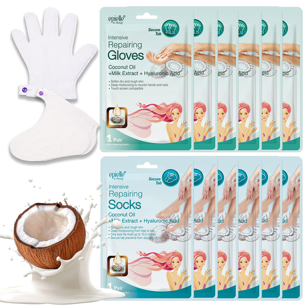 Epielle Intensive Repairing Hand & Foot Masks, Restore and Moisturize Dry, Cracked Skin, Self Care Gifts for Women, Spa Kit, 6 Moisturizing Gloves & 6 Moisturizing Socks