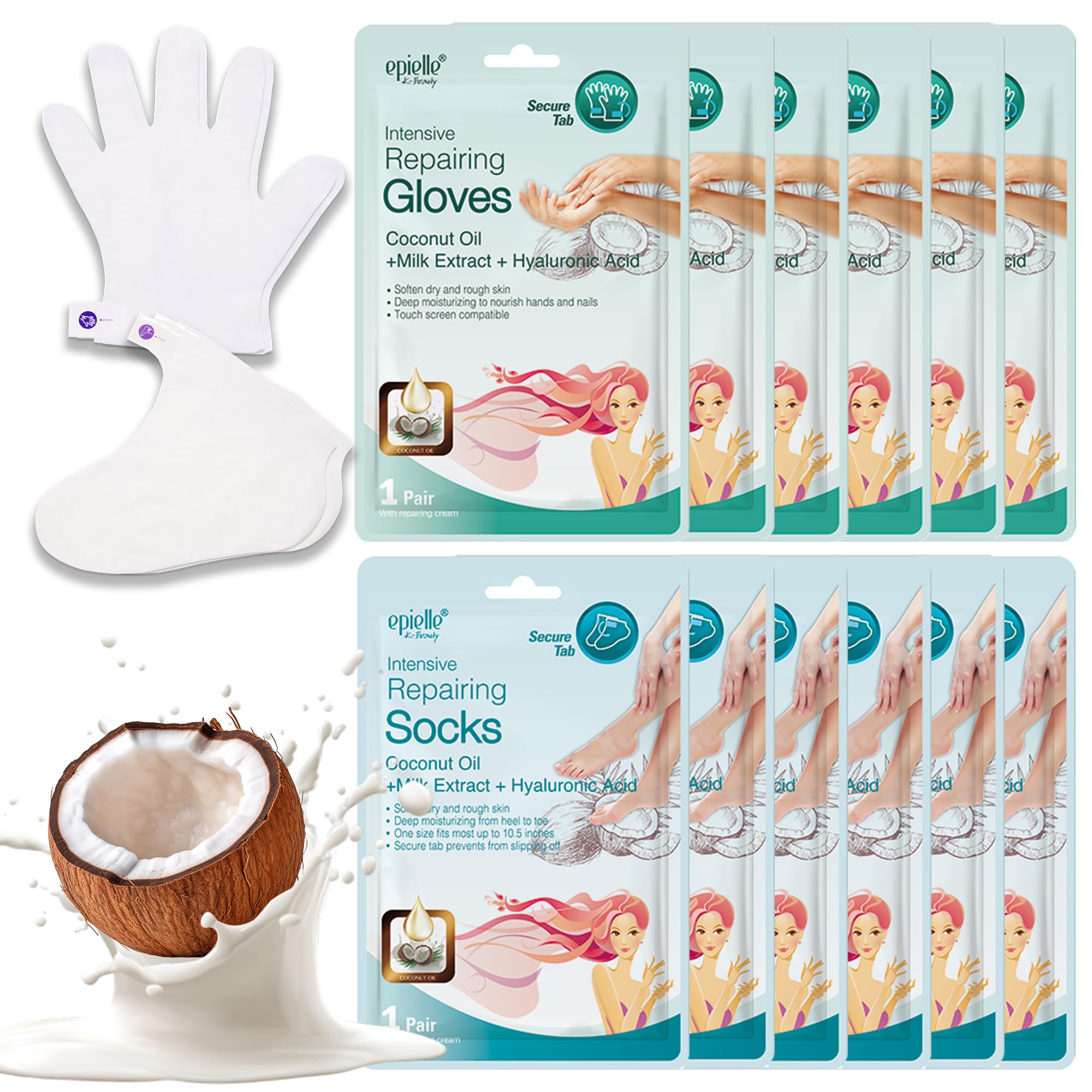 Epielle Intensive Repairing Hand & Foot Masks, Restore and Moisturize Dry, Cracked Skin, Self Care Gifts for Women, Spa Kit, 6 Moisturizing Gloves & 6 Moisturizing Socks