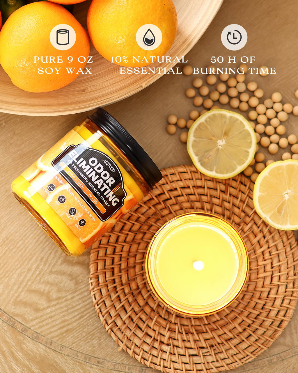 AOOVOO 4 Pack Citrus Lemon Odor Eliminating Highly Fragranced Candle Set - Eliminates 95% of Pet, Smoke, Food, and Other Smells Quickly, Non Toxic Air Freshing Soy Candle