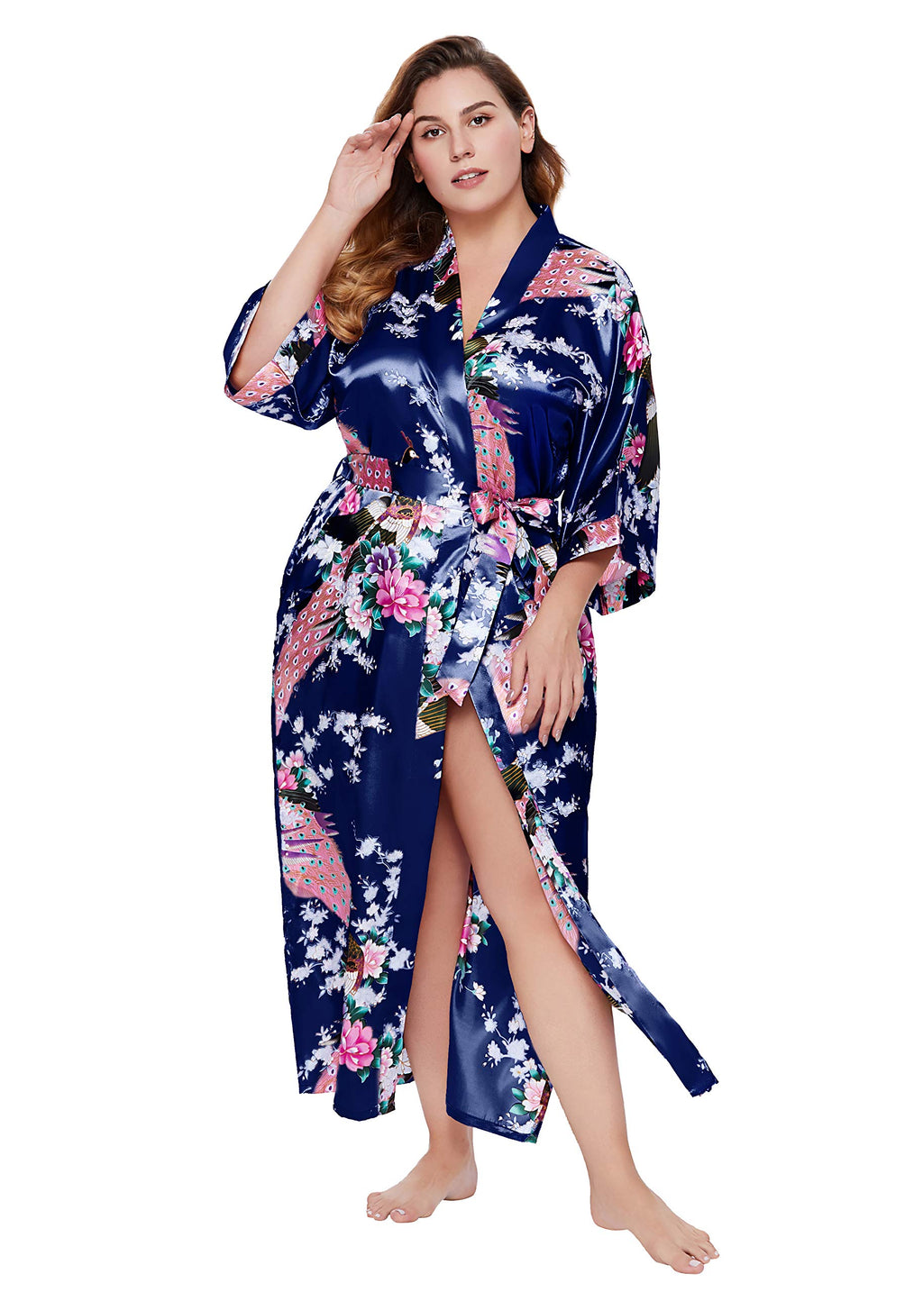 BABEYOND Women's Kimono Robe Long Satin Robes with Peacock and Blossoms Printed Kimono Nightgown