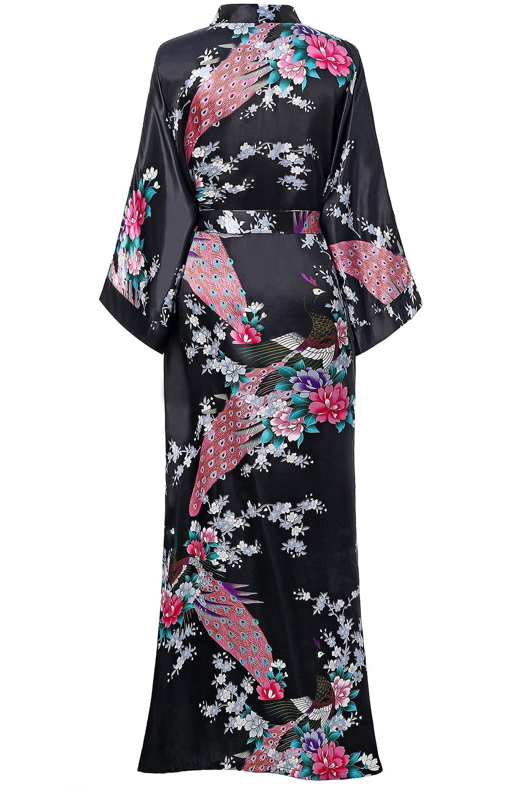 BABEYOND Women's Kimono Robe Long Satin Robes with Peacock and Blossoms Printed Kimono Nightgown
