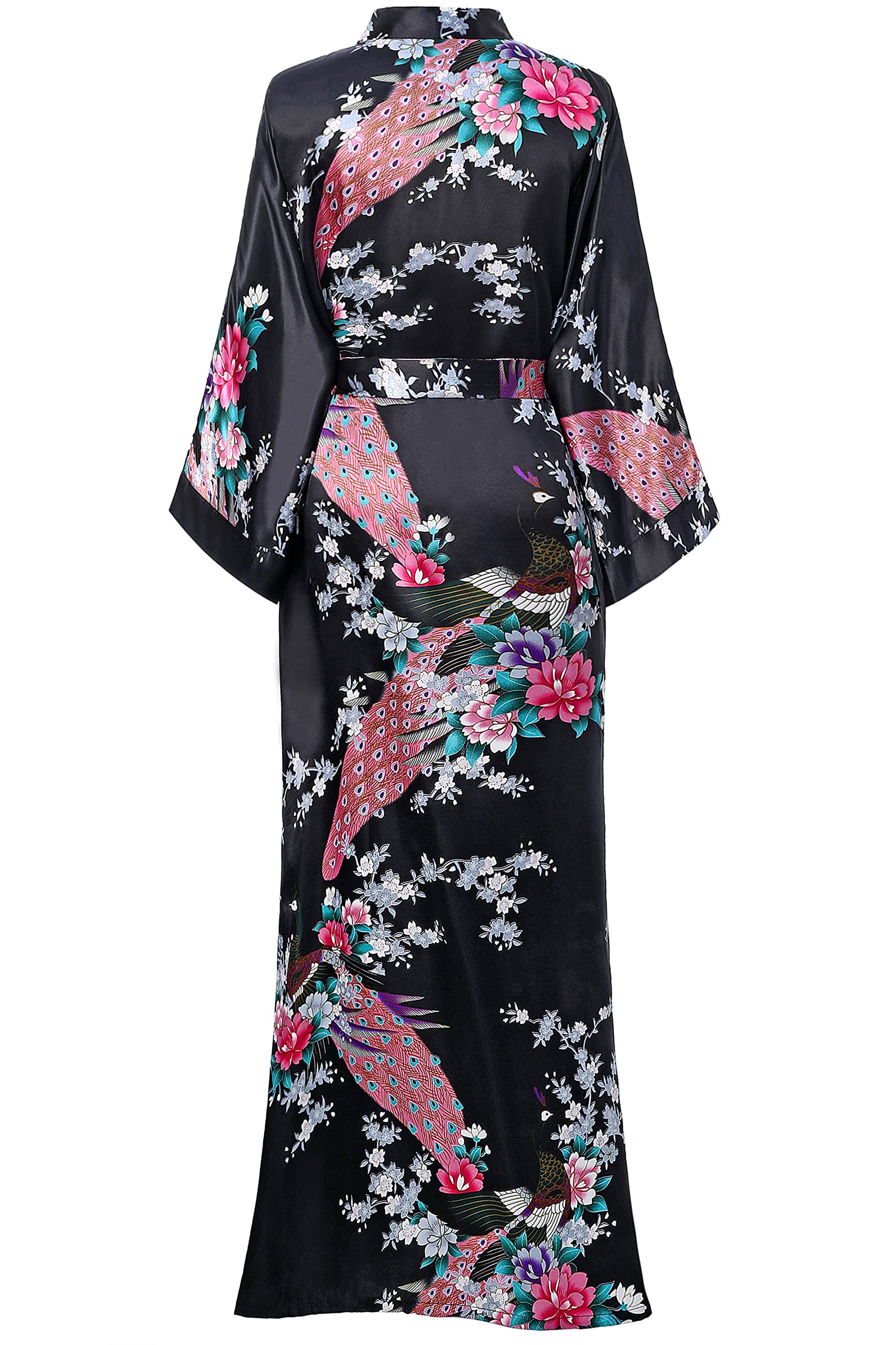 BABEYOND Women's Kimono Robe Long Satin Robes with Peacock and Blossoms Printed Kimono Nightgown