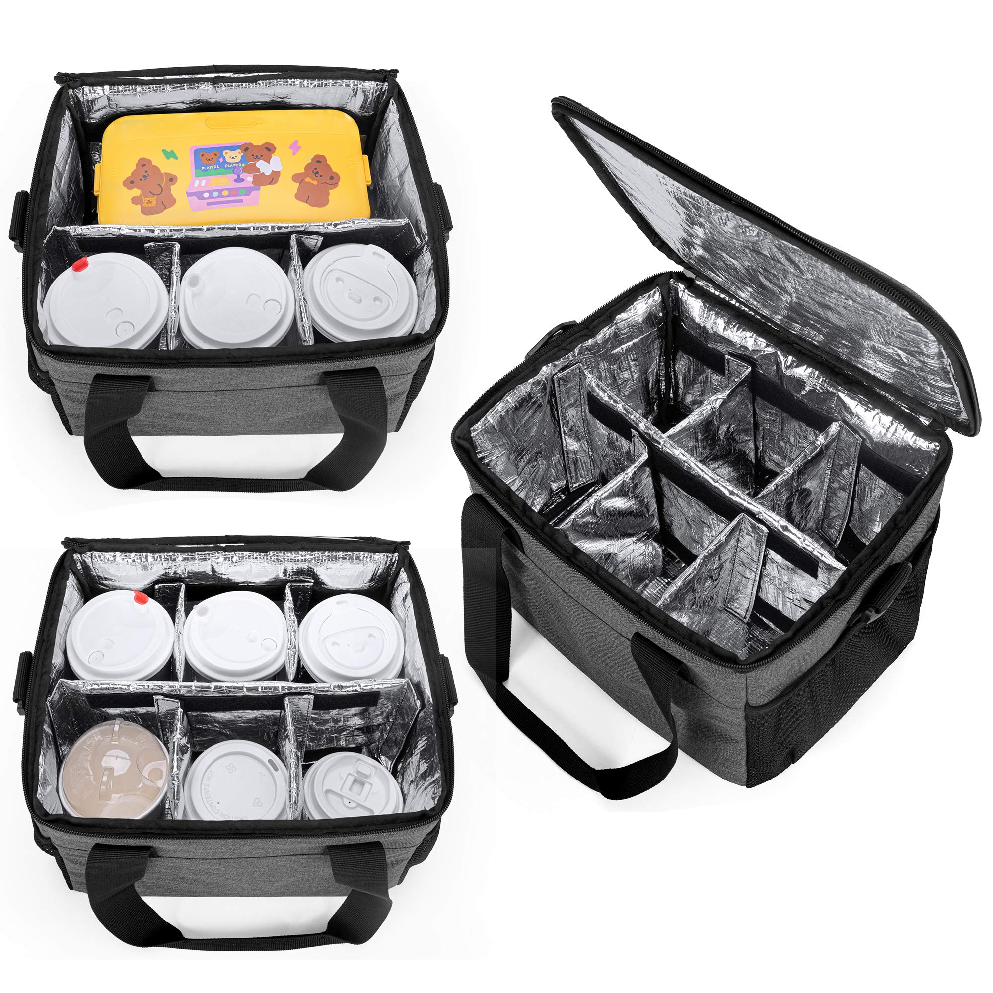 Trunab Reusable 6 Cups Drink Carrier for Delivery Insulated Drink Caddy with Handle and Shoulder Strap, Adjustable Dividers, Beverages Carrier Tote Bag, for Daily Life Takeout, Outdoors, Travel