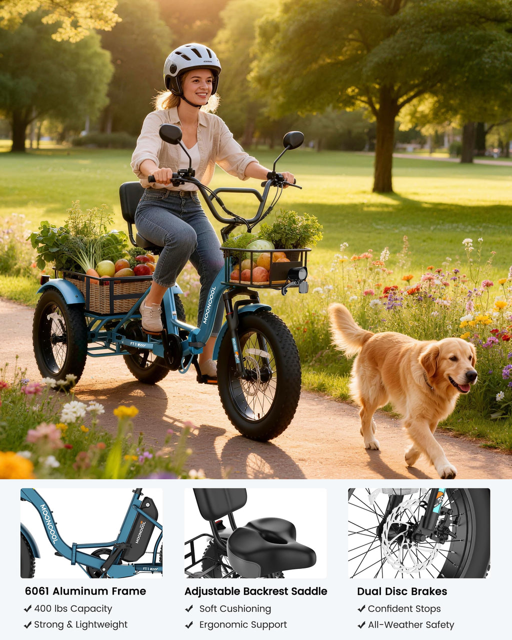 MOONCOOL Electric Tricycle for Adults, 20" x 4" Fat Tire Folding Electric Trike, 48V 500W 3 Wheel Electric Bike, 7 Speed E Trikes for Adults with Removable Battery, Aluminum Frame & Large Basket