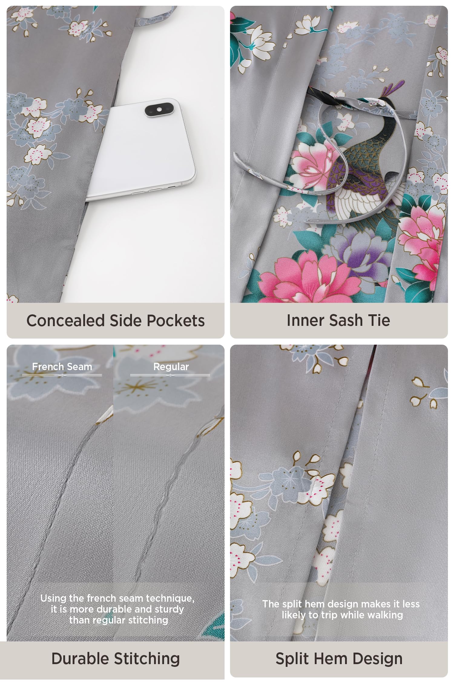 BABEYOND Women's Kimono Robe Long Satin Robes with Peacock and Blossoms Printed Kimono Nightgown