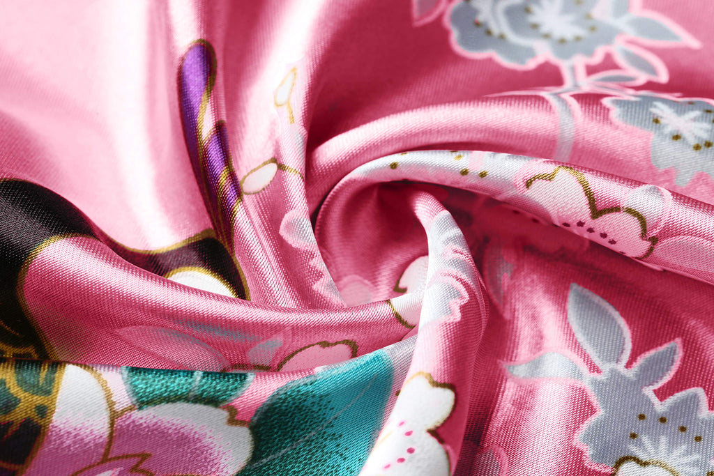 BABEYOND Women's Kimono Robe Long Satin Robes with Peacock and Blossoms Printed Kimono Nightgown