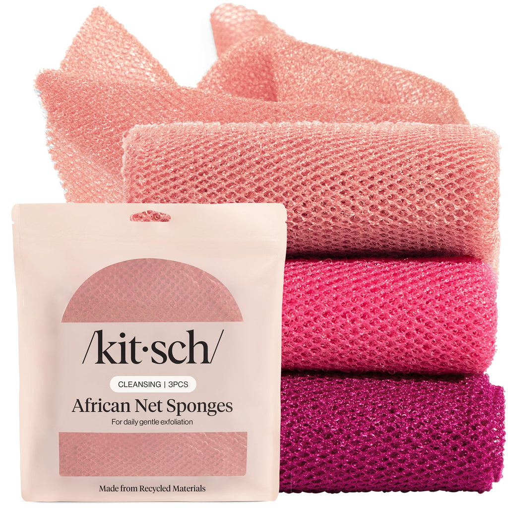 Kitsch African Net Sponge – Exfoliating Body Scrubber for Cleansing & Gentle Daily Exfoliation – Stretchable Bath Sponge for Hard-to-Reach Areas, Long-Lasting Shower Essential - Rosewood, 3 Pcs