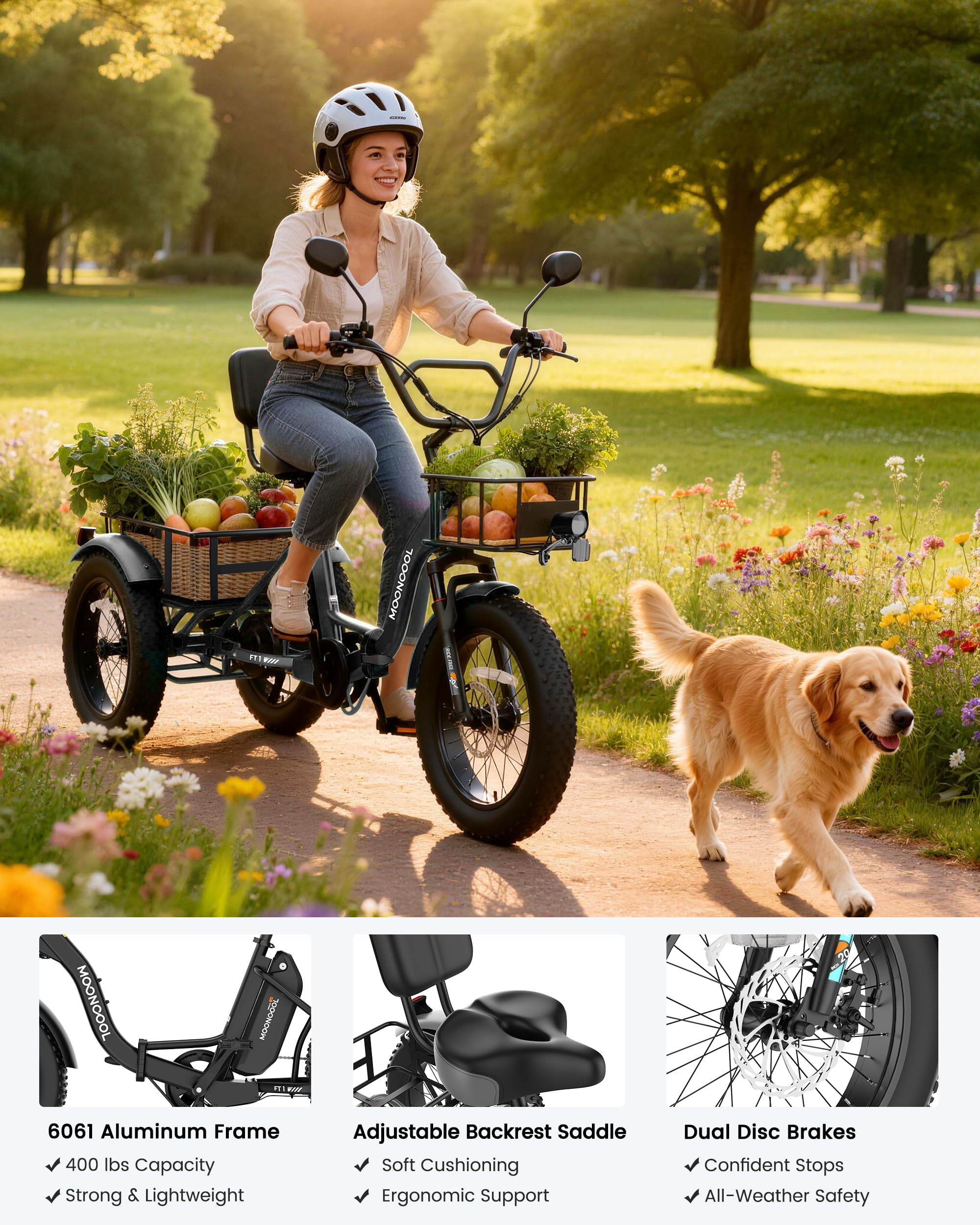 MOONCOOL Electric Tricycle for Adults, 20" x 4" Fat Tire Folding Electric Trike, 48V 500W 3 Wheel Electric Bike, 7 Speed E Trikes for Adults with Removable Battery, Aluminum Frame & Large Basket