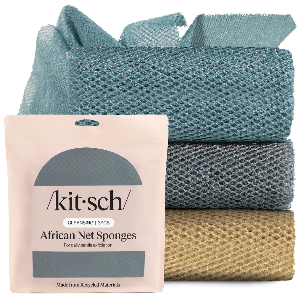 Kitsch African Net Sponge – Exfoliating Body Scrubber for Cleansing & Gentle Daily Exfoliation – Stretchable Bath Sponge for Hard-to-Reach Areas, Long-Lasting Shower Essential - Rosewood, 3 Pcs