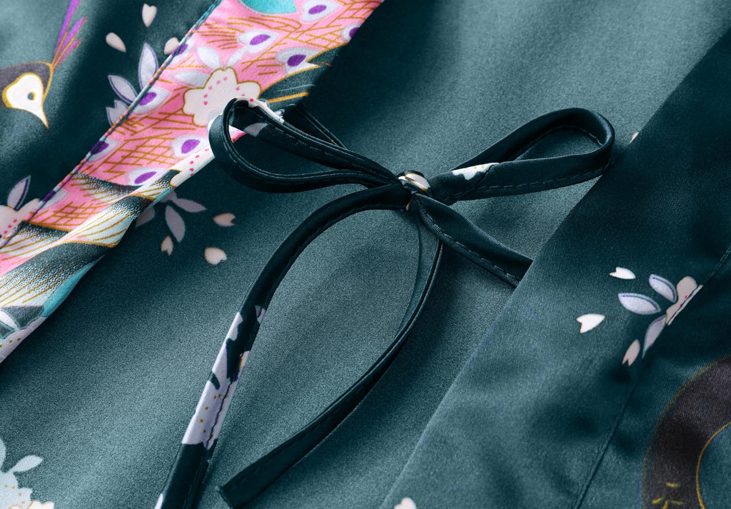 BABEYOND Women's Kimono Robe Long Satin Robes with Peacock and Blossoms Printed Kimono Nightgown