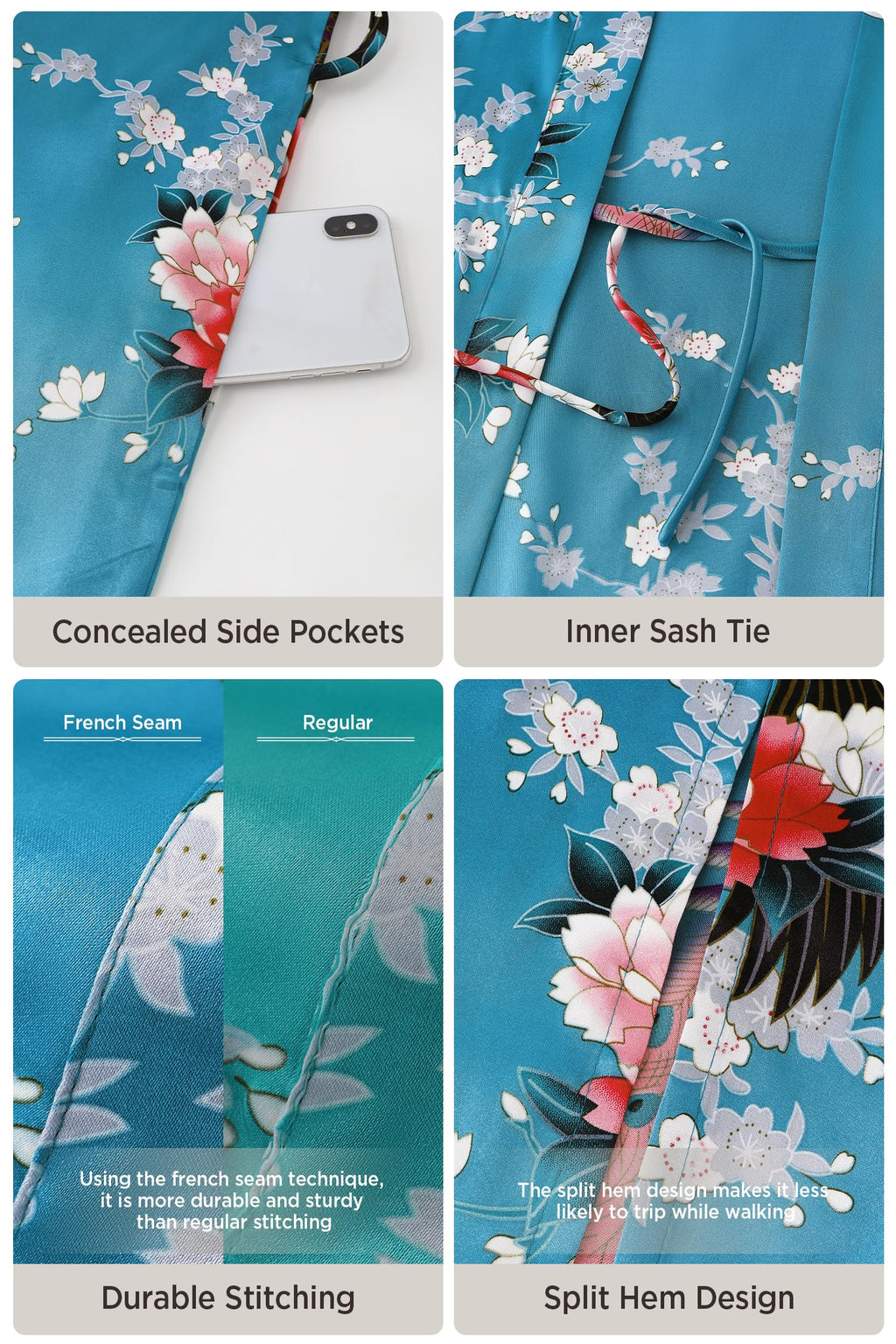 BABEYOND Women's Kimono Robe Long Satin Robes with Peacock and Blossoms Printed Kimono Nightgown
