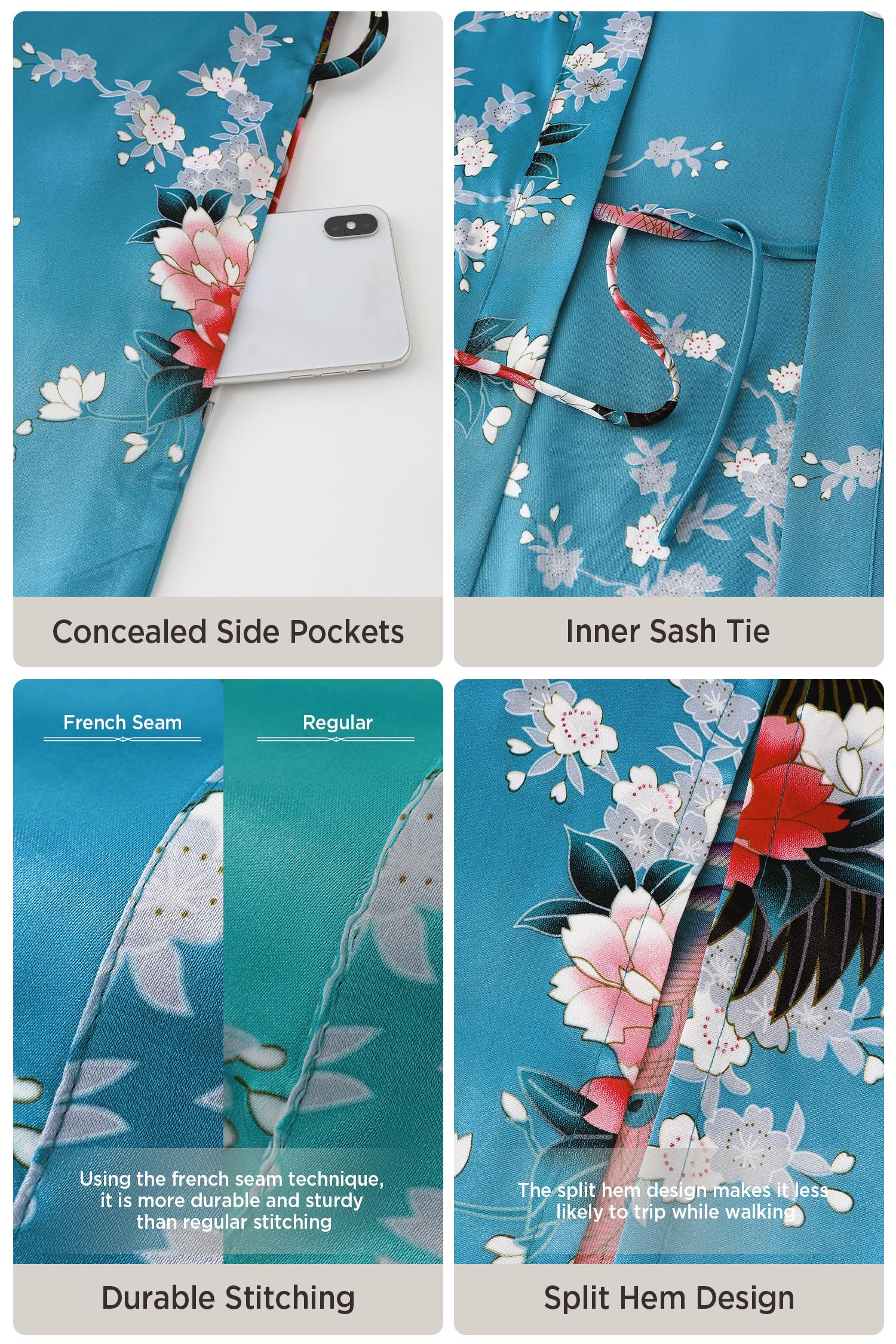 BABEYOND Women's Kimono Robe Long Satin Robes with Peacock and Blossoms Printed Kimono Nightgown