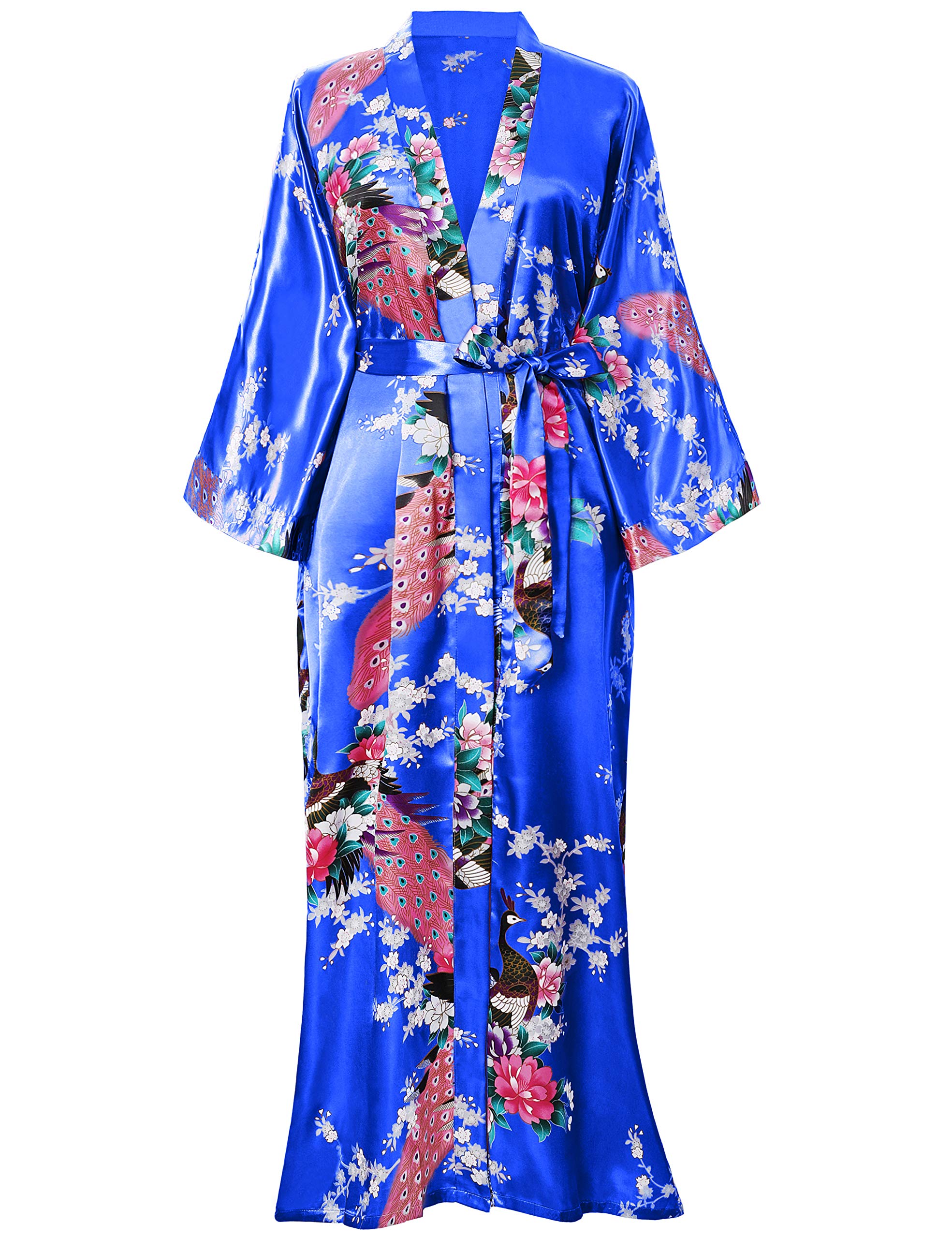 BABEYOND Women's Kimono Robe Long Satin Robes with Peacock and Blossoms Printed Kimono Nightgown