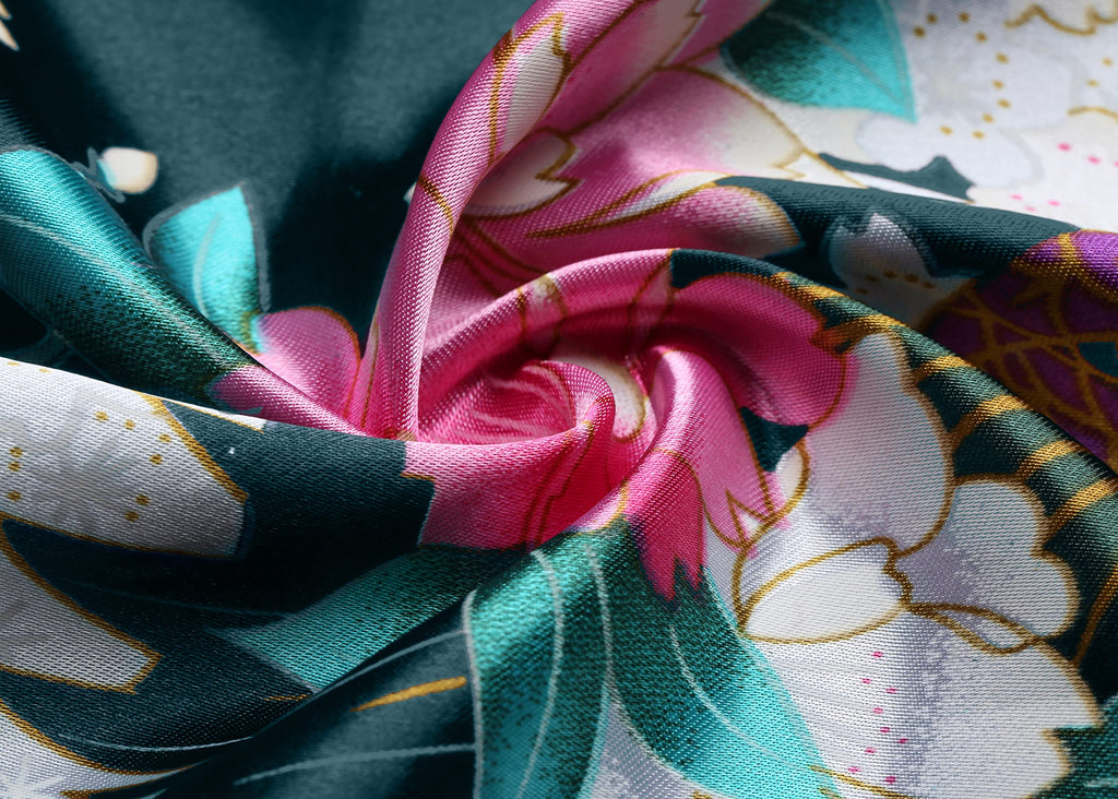 BABEYOND Women's Kimono Robe Long Satin Robes with Peacock and Blossoms Printed Kimono Nightgown