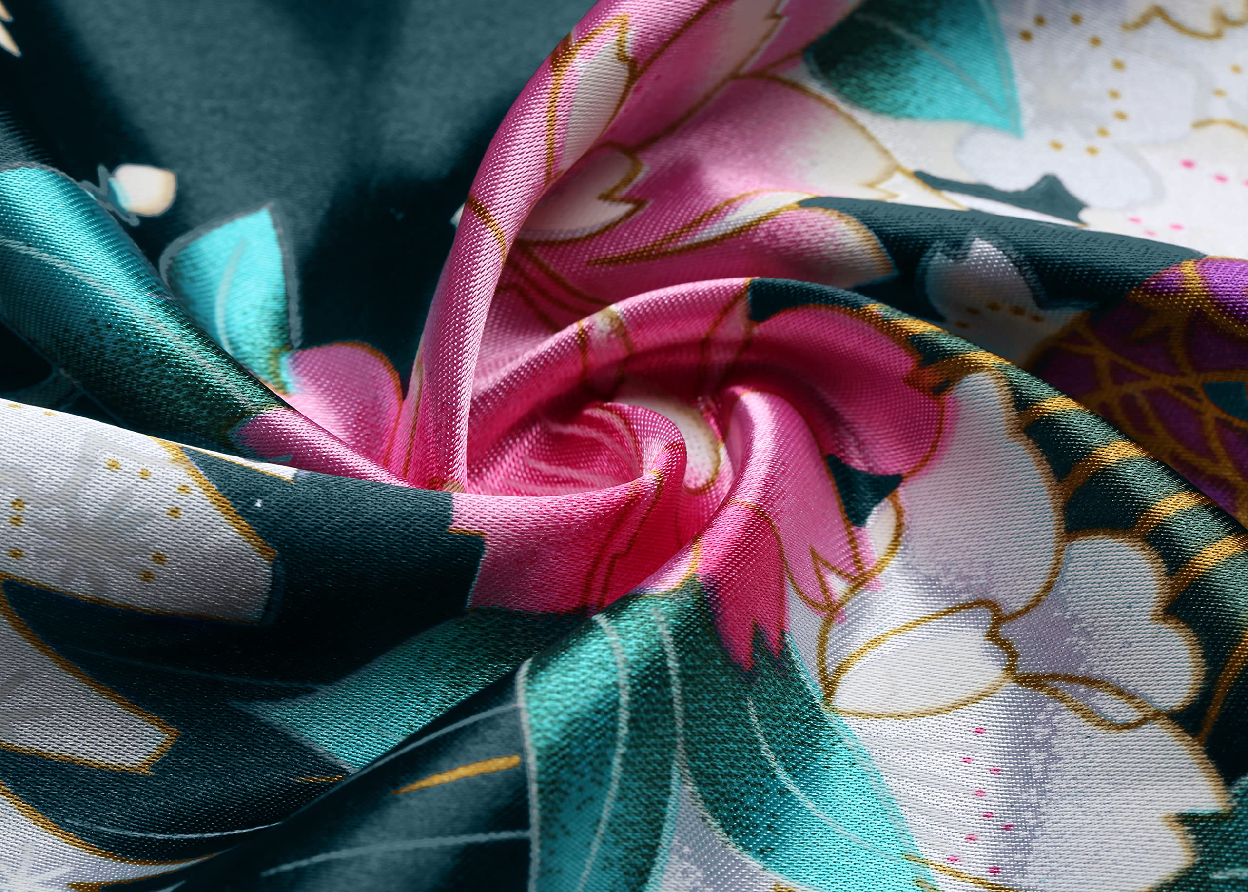BABEYOND Women's Kimono Robe Long Satin Robes with Peacock and Blossoms Printed Kimono Nightgown