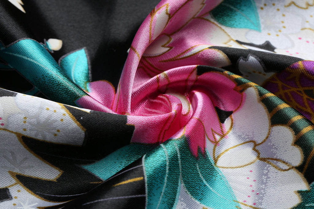 BABEYOND Women's Kimono Robe Long Satin Robes with Peacock and Blossoms Printed Kimono Nightgown