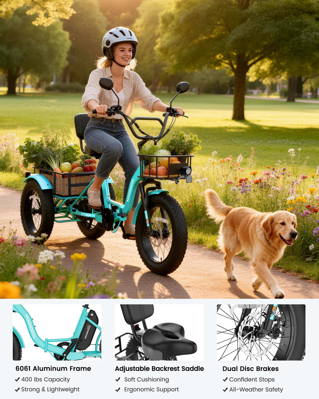 MOONCOOL Electric Tricycle for Adults, 20" x 4" Fat Tire Folding Electric Trike, 48V 500W 3 Wheel Electric Bike, 7 Speed E Trikes for Adults with Removable Battery, Aluminum Frame & Large Basket