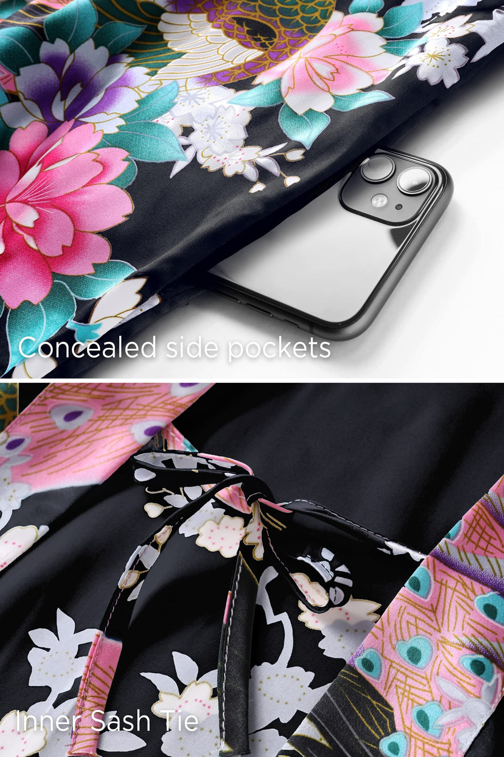 BABEYOND Women's Kimono Robe Long Satin Robes with Peacock and Blossoms Printed Kimono Nightgown