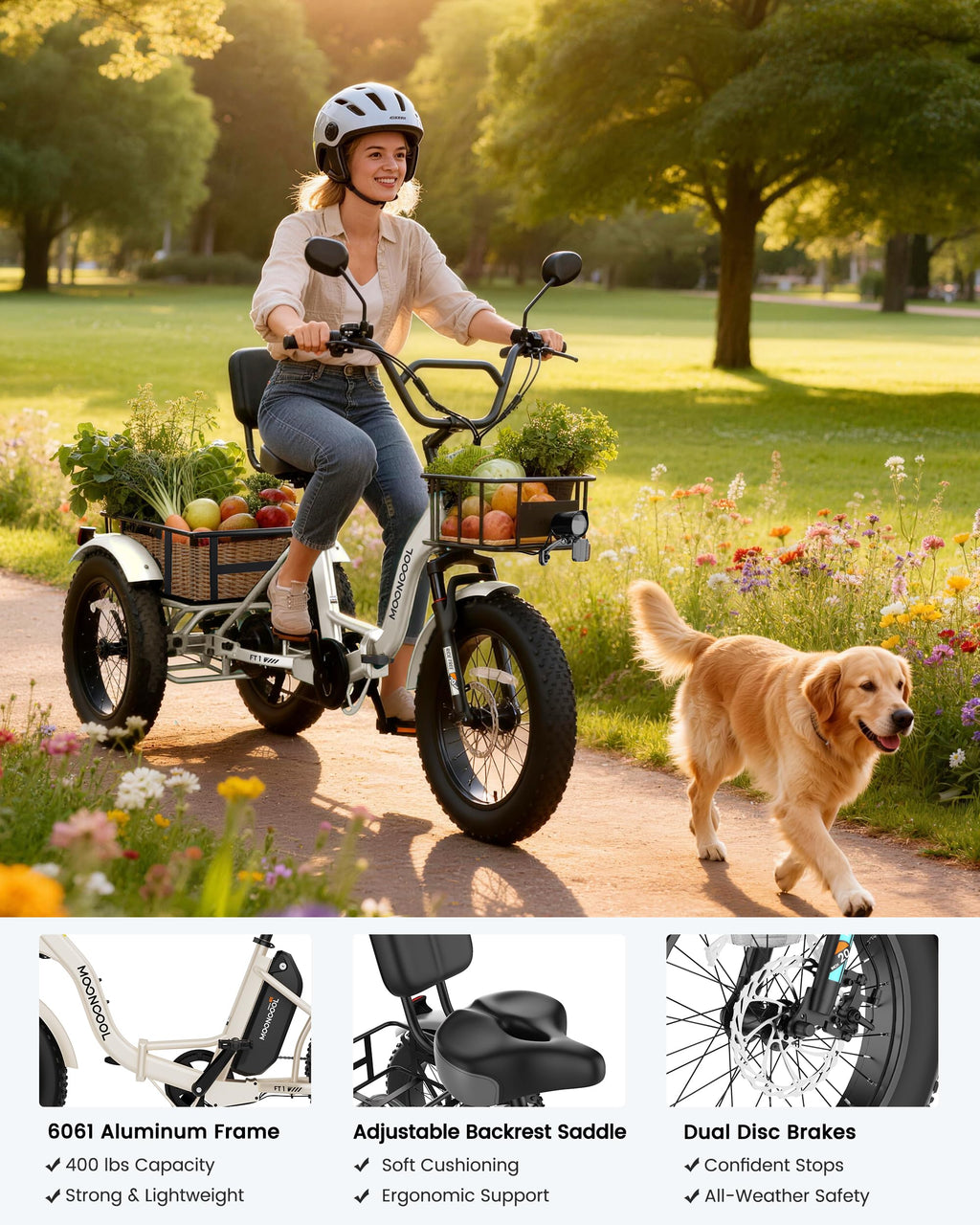 MOONCOOL Electric Tricycle for Adults, 20" x 4" Fat Tire Folding Electric Trike, 48V 500W 3 Wheel Electric Bike, 7 Speed E Trikes for Adults with Removable Battery, Aluminum Frame & Large Basket