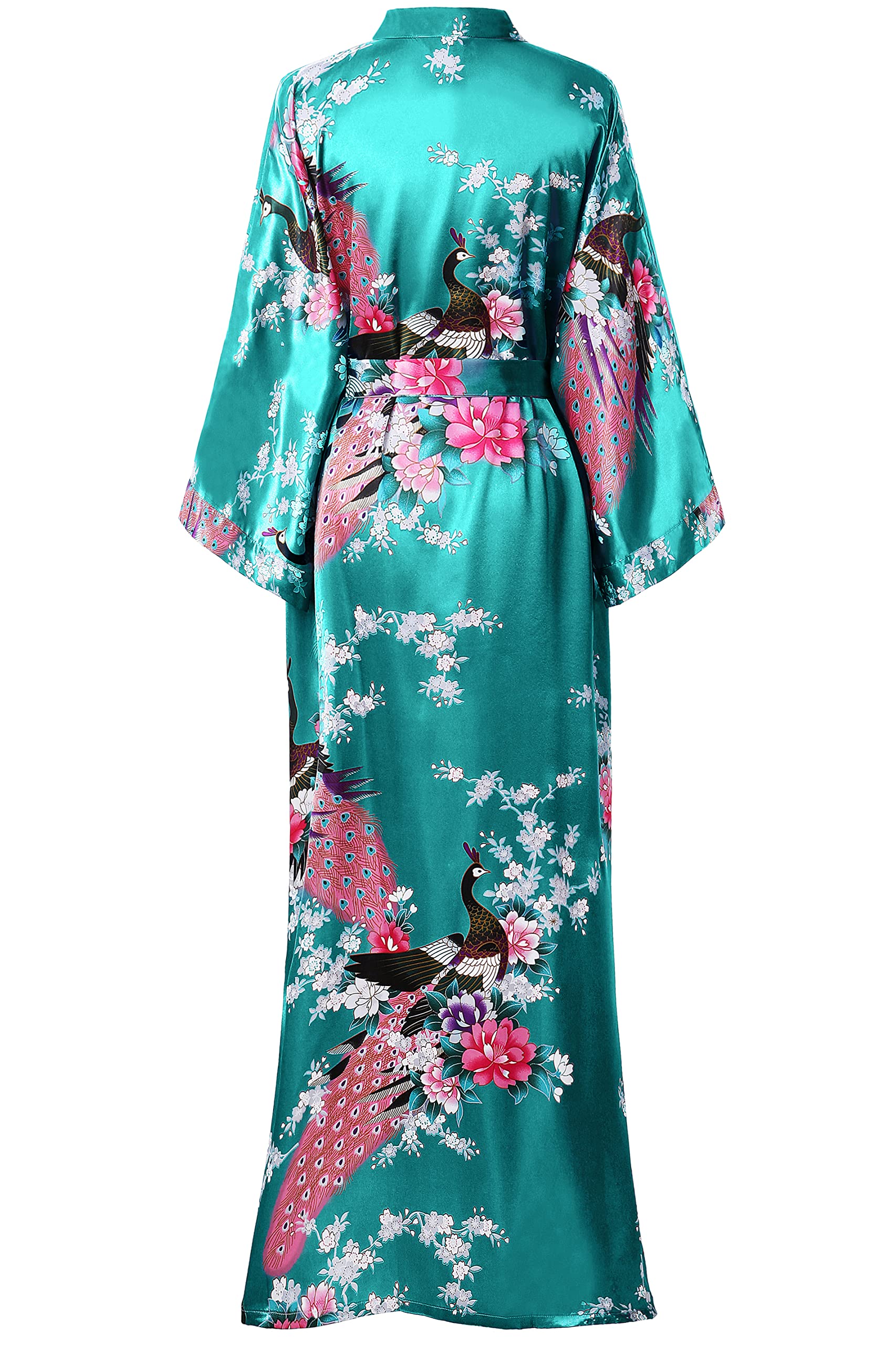 BABEYOND Women's Kimono Robe Long Satin Robes with Peacock and Blossoms Printed Kimono Nightgown