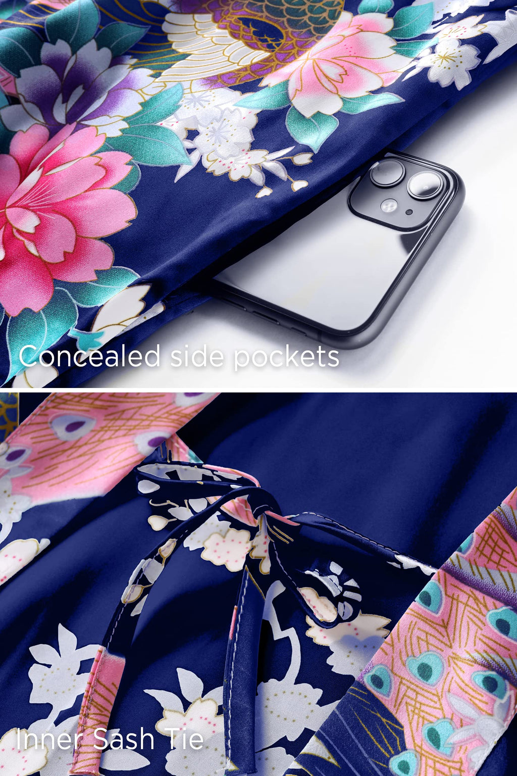 BABEYOND Women's Kimono Robe Long Satin Robes with Peacock and Blossoms Printed Kimono Nightgown