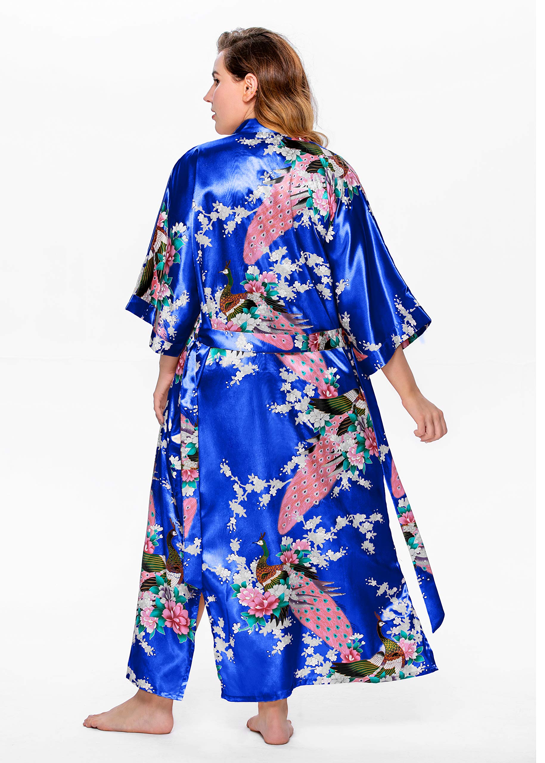 BABEYOND Women's Kimono Robe Long Satin Robes with Peacock and Blossoms Printed Kimono Nightgown