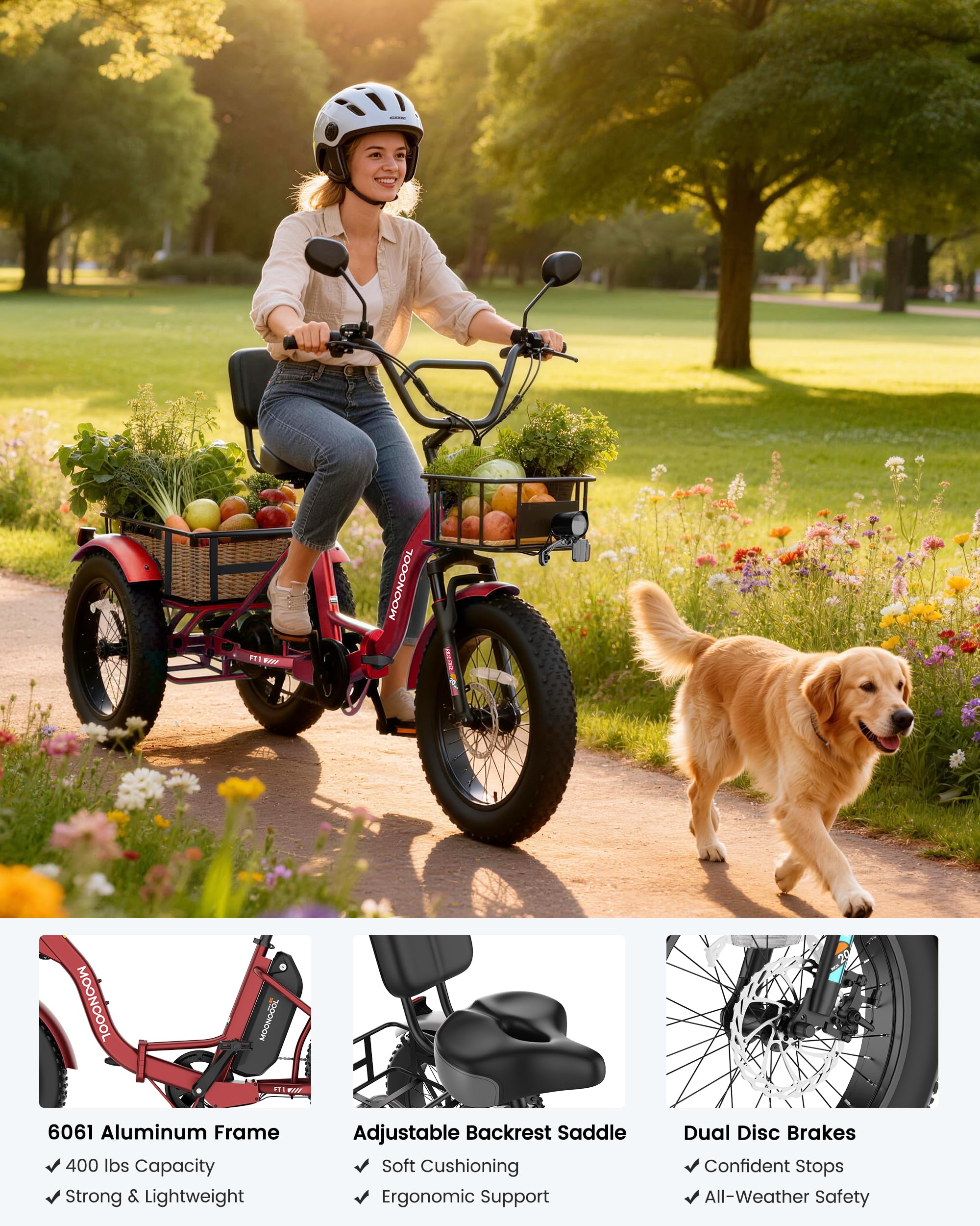 MOONCOOL Electric Tricycle for Adults, 20" x 4" Fat Tire Folding Electric Trike, 48V 500W 3 Wheel Electric Bike, 7 Speed E Trikes for Adults with Removable Battery, Aluminum Frame & Large Basket