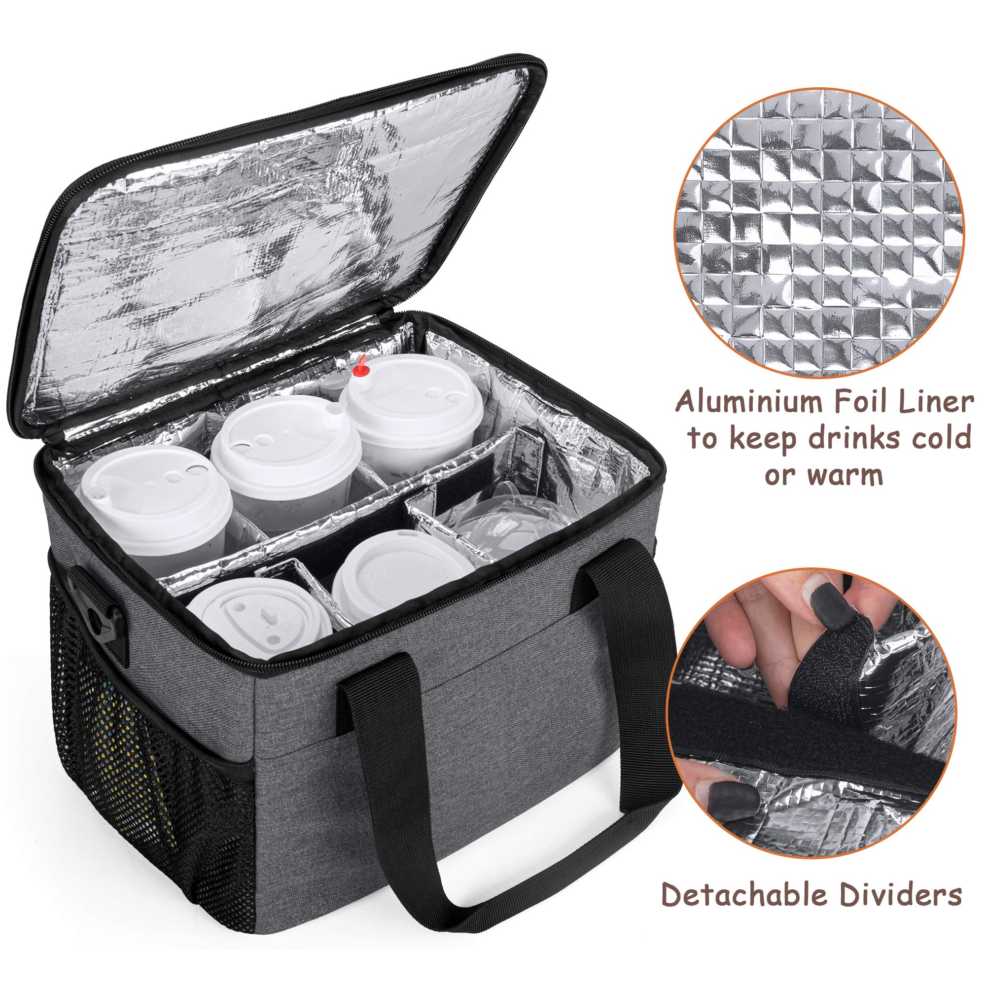 Trunab Reusable 6 Cups Drink Carrier for Delivery Insulated Drink Caddy with Handle and Shoulder Strap, Adjustable Dividers, Beverages Carrier Tote Bag, for Daily Life Takeout, Outdoors, Travel