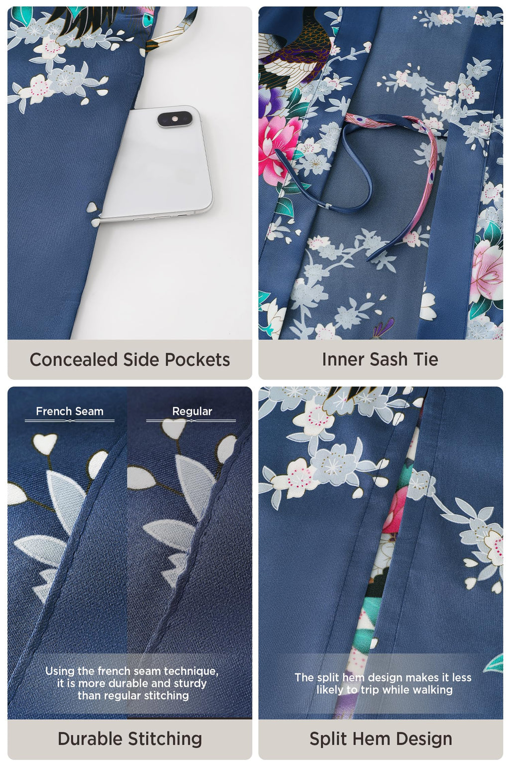 BABEYOND Women's Kimono Robe Long Satin Robes with Peacock and Blossoms Printed Kimono Nightgown