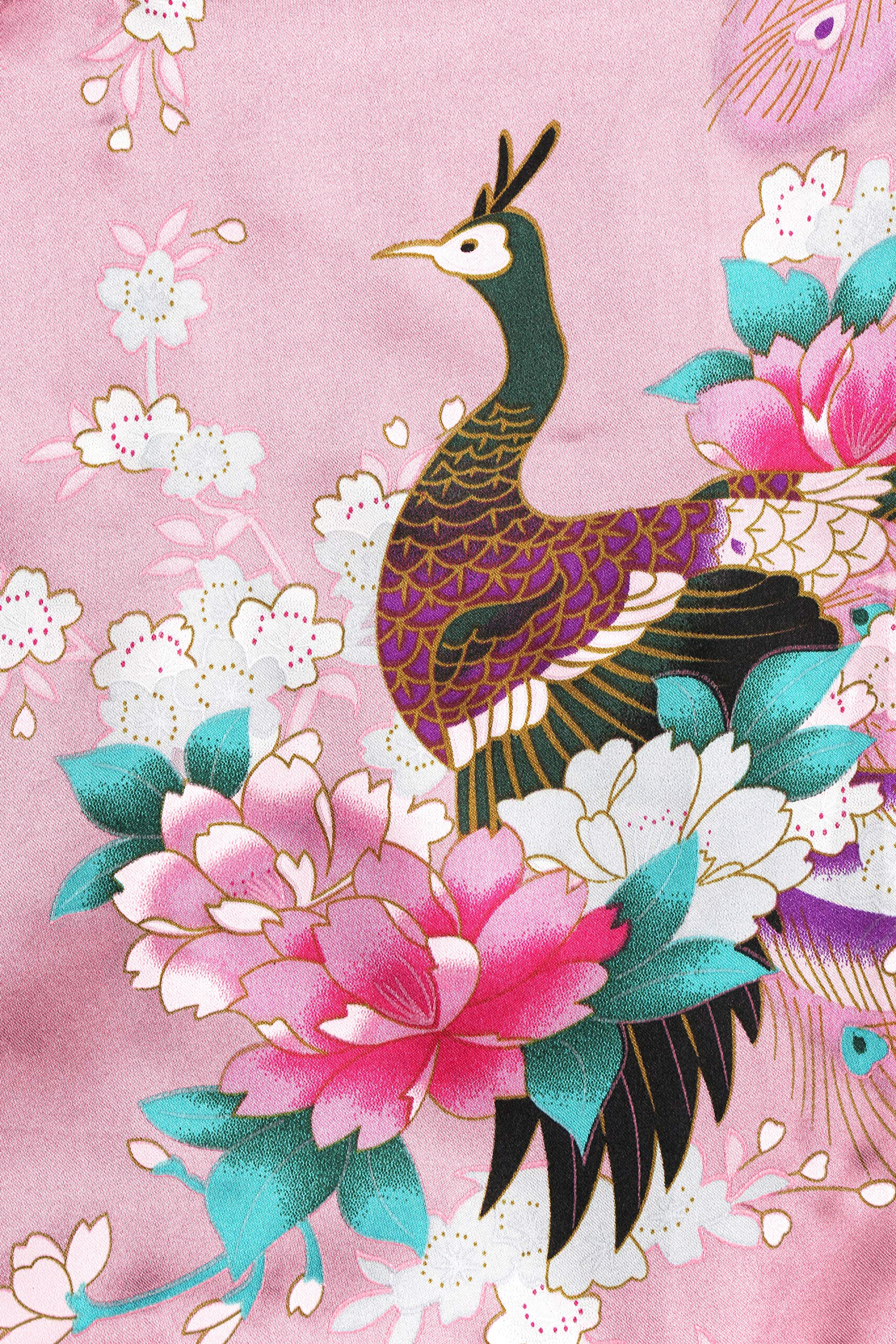 BABEYOND Women's Kimono Robe Long Satin Robes with Peacock and Blossoms Printed Kimono Nightgown