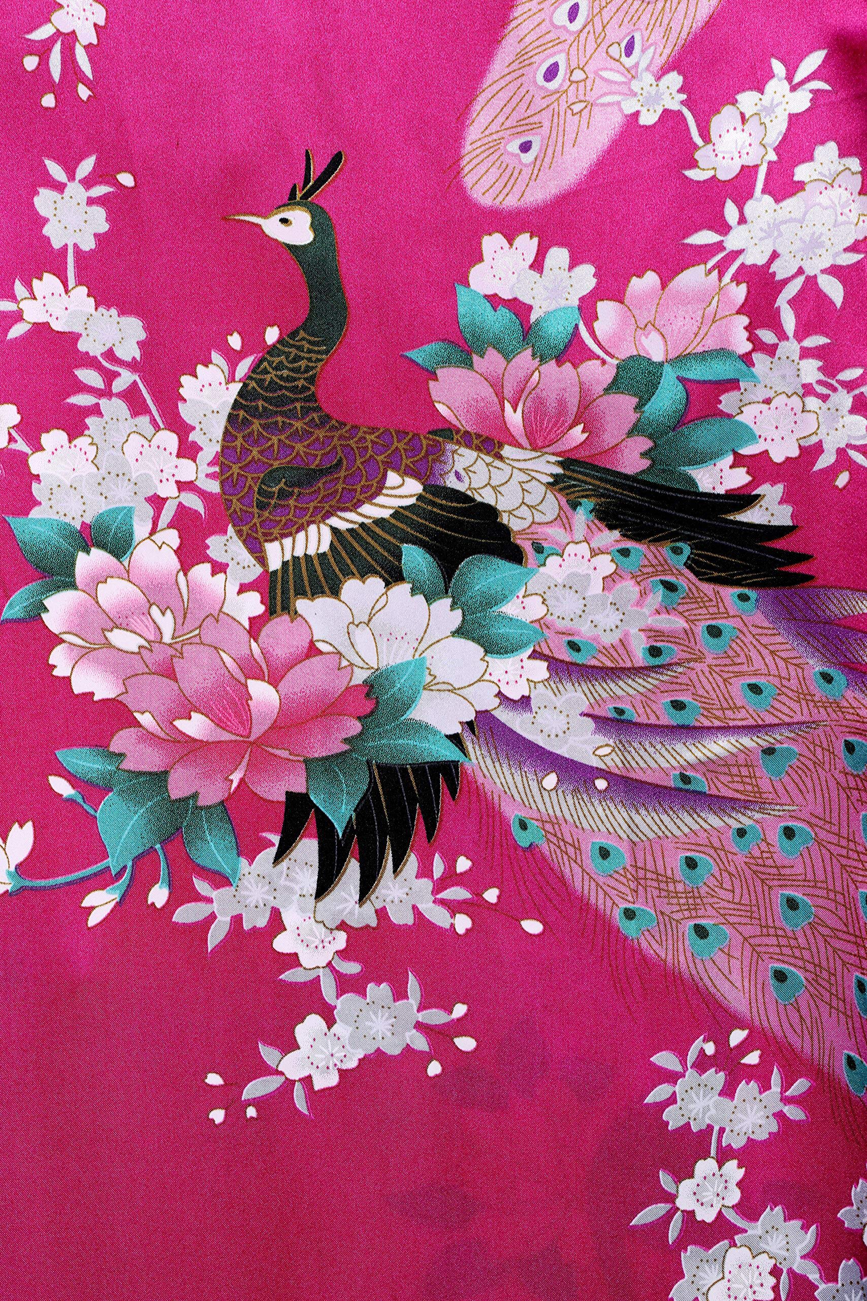 BABEYOND Women's Kimono Robe Long Satin Robes with Peacock and Blossoms Printed Kimono Nightgown