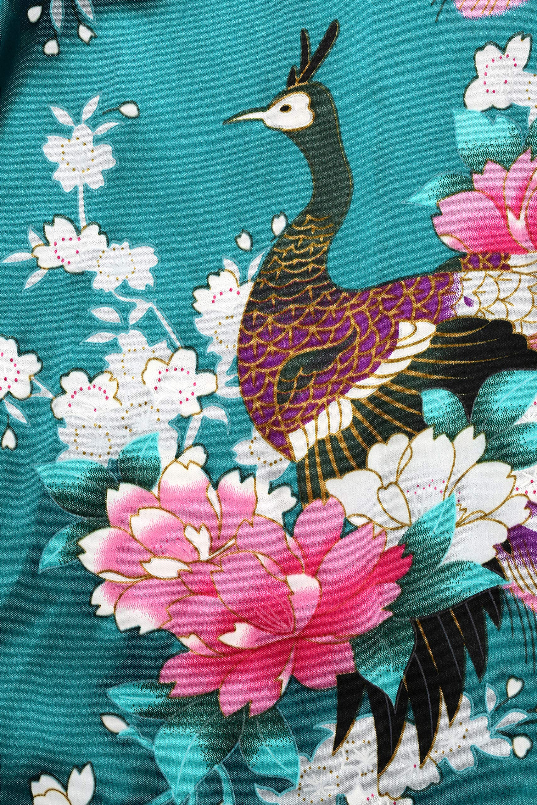 BABEYOND Women's Kimono Robe Long Satin Robes with Peacock and Blossoms Printed Kimono Nightgown